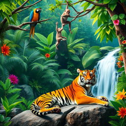 A lush, vibrant jungle scene featuring an assortment of exotic animals