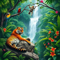 A lush, vibrant jungle scene featuring an assortment of exotic animals