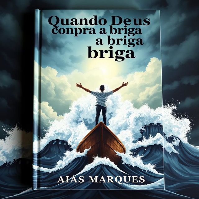 An impressive book cover illustration showcasing a person standing with arms outstretched on top of a boat in the middle of the sea, echoing the iconic Titanic pose, surrounded by a raging storm with enormous crashing waves