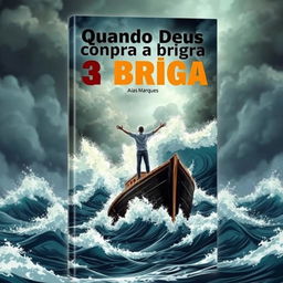 An impressive book cover illustration showcasing a person standing with arms outstretched on top of a boat in the middle of the sea, echoing the iconic Titanic pose, surrounded by a raging storm with enormous crashing waves