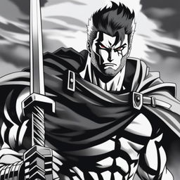 This digital art piece, created in the style of Berserk, now takes on a striking black and white color scheme, with the exception of some red accents