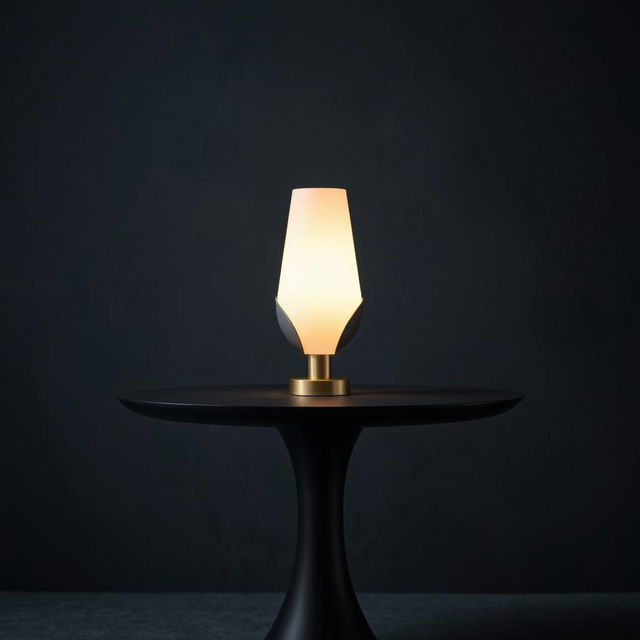 A sleek, modern black table with a stylish lamp on top, surrounded by an indistinct, dark background that adds depth to the scene