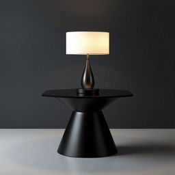 A sleek, modern black table with a stylish lamp on top, surrounded by an indistinct, dark background that adds depth to the scene