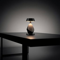 A sleek, modern black table with a stylish lamp on top, surrounded by an indistinct, dark background that adds depth to the scene