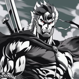 This digital art piece, created in the style of Berserk, now takes on a striking black and white color scheme, with the exception of some red accents