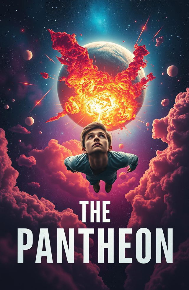 A captivating book cover design featuring a young man in a sci-fi style, floating helplessly in the vast cosmos