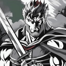 This digital art piece, created in the style of Berserk, now takes on a striking black and white color scheme, with the exception of some red accents