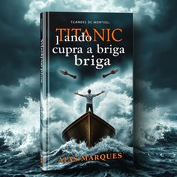 A dramatic book cover depicting a person with outstretched arms standing on a boat in the middle of a raging sea, reminiscent of the iconic scene from Titanic