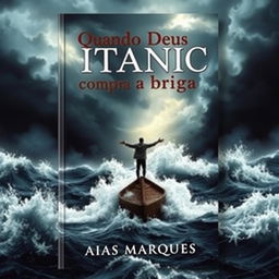 A dramatic book cover depicting a person with outstretched arms standing on a boat in the middle of a raging sea, reminiscent of the iconic scene from Titanic