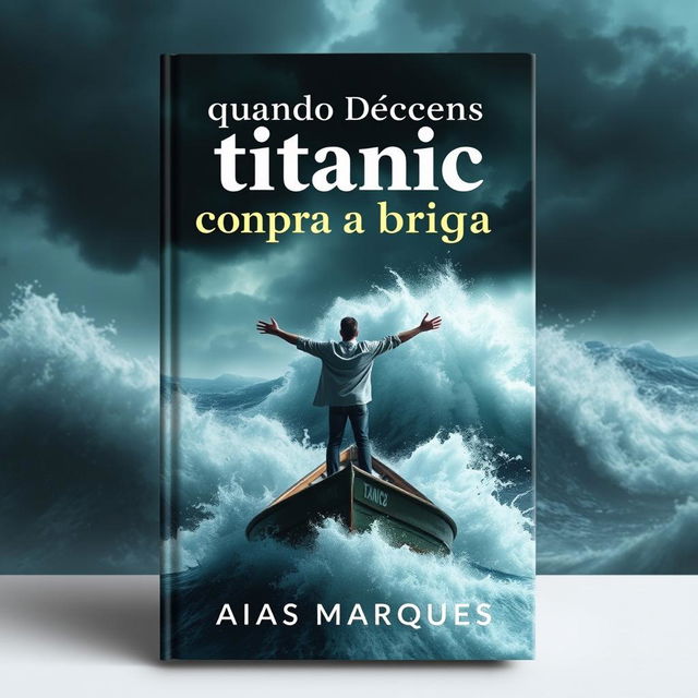 A dramatic book cover depicting a person with outstretched arms standing on a boat in the middle of a raging sea, reminiscent of the iconic scene from Titanic