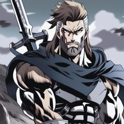 A manga-style illustration of a muscular man with long hair and a beard, reminiscent of a Black Clover protagonist