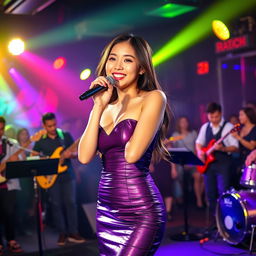 A cute 25-year-old Asian girl performing on a nightclub stage, wearing a tight shiny purple dress that catches the light beautifully