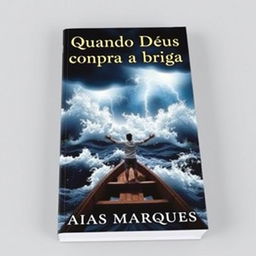 A dramatic book cover featuring a person with arms wide open standing on a boat in the open sea, amidst a powerful storm with huge waves crashing around