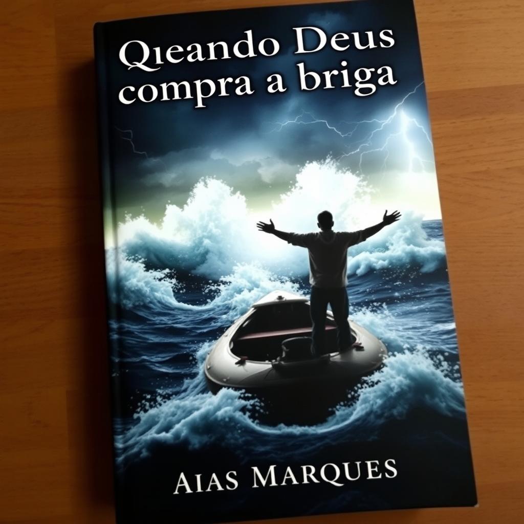 A dramatic book cover featuring a person with arms wide open standing on a boat in the open sea, amidst a powerful storm with huge waves crashing around