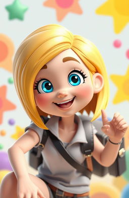 A vibrant and lively 3D cartoon character of a 20-year-old girl with short, sleek gold hair