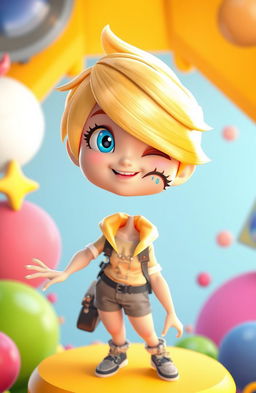 A vibrant and lively 3D cartoon character of a 20-year-old girl with short, sleek gold hair