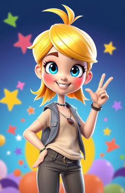 A vibrant and lively 3D cartoon character of a 20-year-old girl with short, sleek gold hair