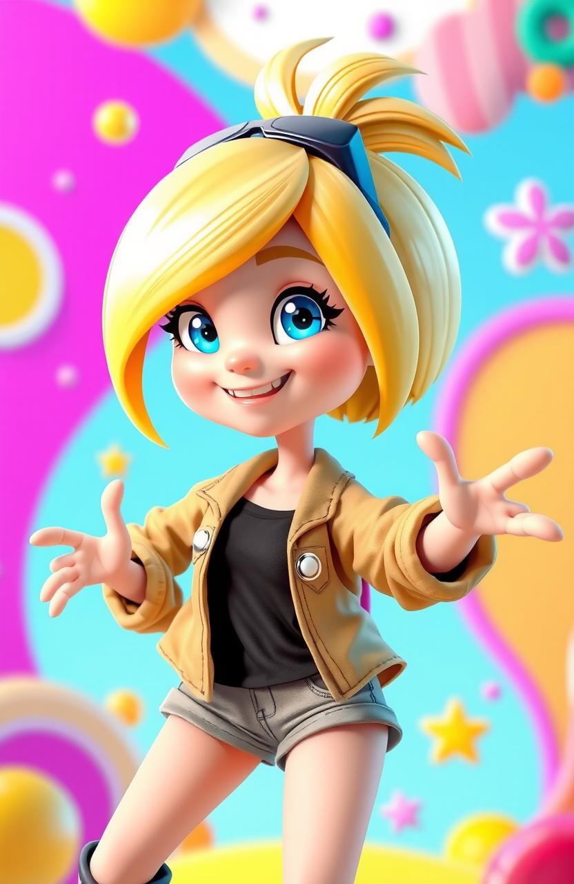 A vibrant and lively 3D cartoon character of a 20-year-old girl with short, sleek gold hair
