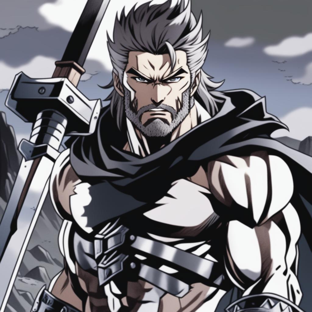 A manga-style illustration of a muscular man with long hair and a beard, reminiscent of a Black Clover protagonist