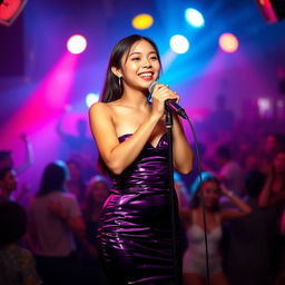A cute and innocent 25-year-old Asian girl in a tight shiny purple dress, standing confidently in the front of a nightclub stage