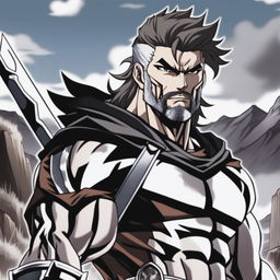 A manga-style illustration of a muscular man with long hair and a beard, reminiscent of a Black Clover protagonist