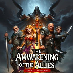 The cover of a heroic fantasy book titled 'The Awakening of the Allies', depicting four central characters: Aldrin, a rugged male human warrior with a strong build, dressed in battle-worn armor and wielding a sword, showcasing a determined expression