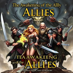 The cover of a heroic fantasy book titled 'The Awakening of the Allies', depicting four central characters: Aldrin, a rugged male human warrior with a strong build, dressed in battle-worn armor and wielding a sword, showcasing a determined expression