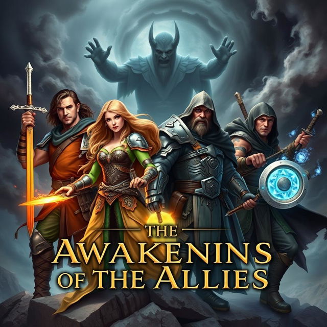 The cover of a heroic fantasy book titled 'The Awakening of the Allies', depicting four central characters: Aldrin, a rugged male human warrior with a strong build, dressed in battle-worn armor and wielding a sword, showcasing a determined expression