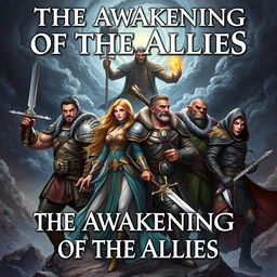 The cover of a heroic fantasy book titled 'The Awakening of the Allies', depicting four central characters: Aldrin, a rugged male human warrior with a strong build, dressed in battle-worn armor and wielding a sword, showcasing a determined expression