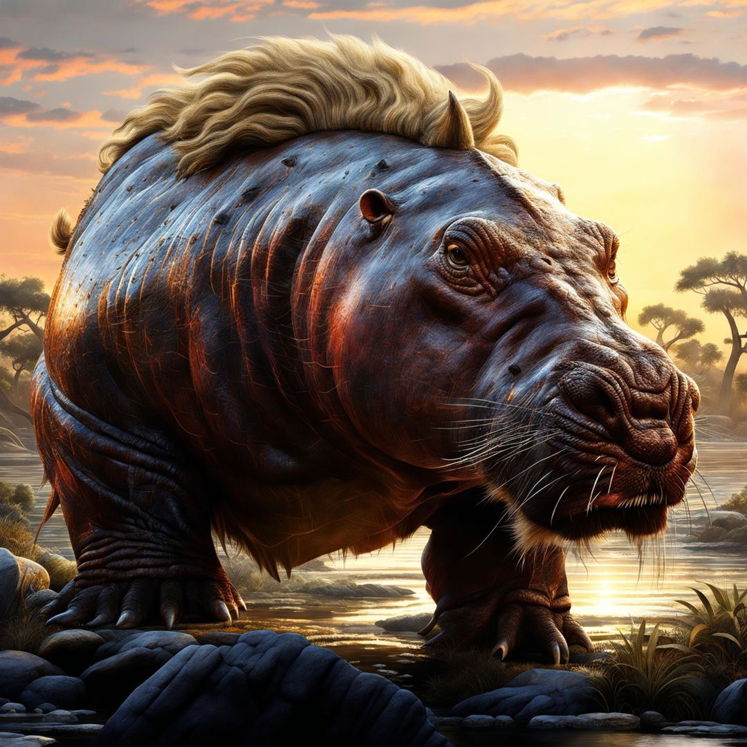 High-quality digital art depicting a unique creature, a fusion of a hippo and a lion, set against the backdrop of an African savannah and a riverbank during sunset