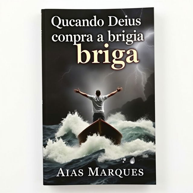 A dramatic book cover featuring a person with arms wide open standing on a boat in the middle of the ocean during a fierce storm