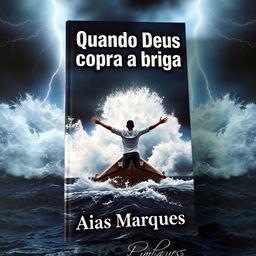 A dramatic book cover featuring a person with arms wide open standing on a boat in the middle of the ocean during a fierce storm