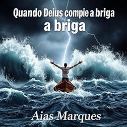 A dramatic book cover featuring a person with arms wide open standing on a boat in the middle of the ocean during a fierce storm