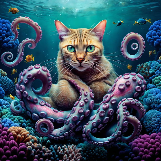 This is a digital art depicting a unique creature that merges a domestic cat and an octopus