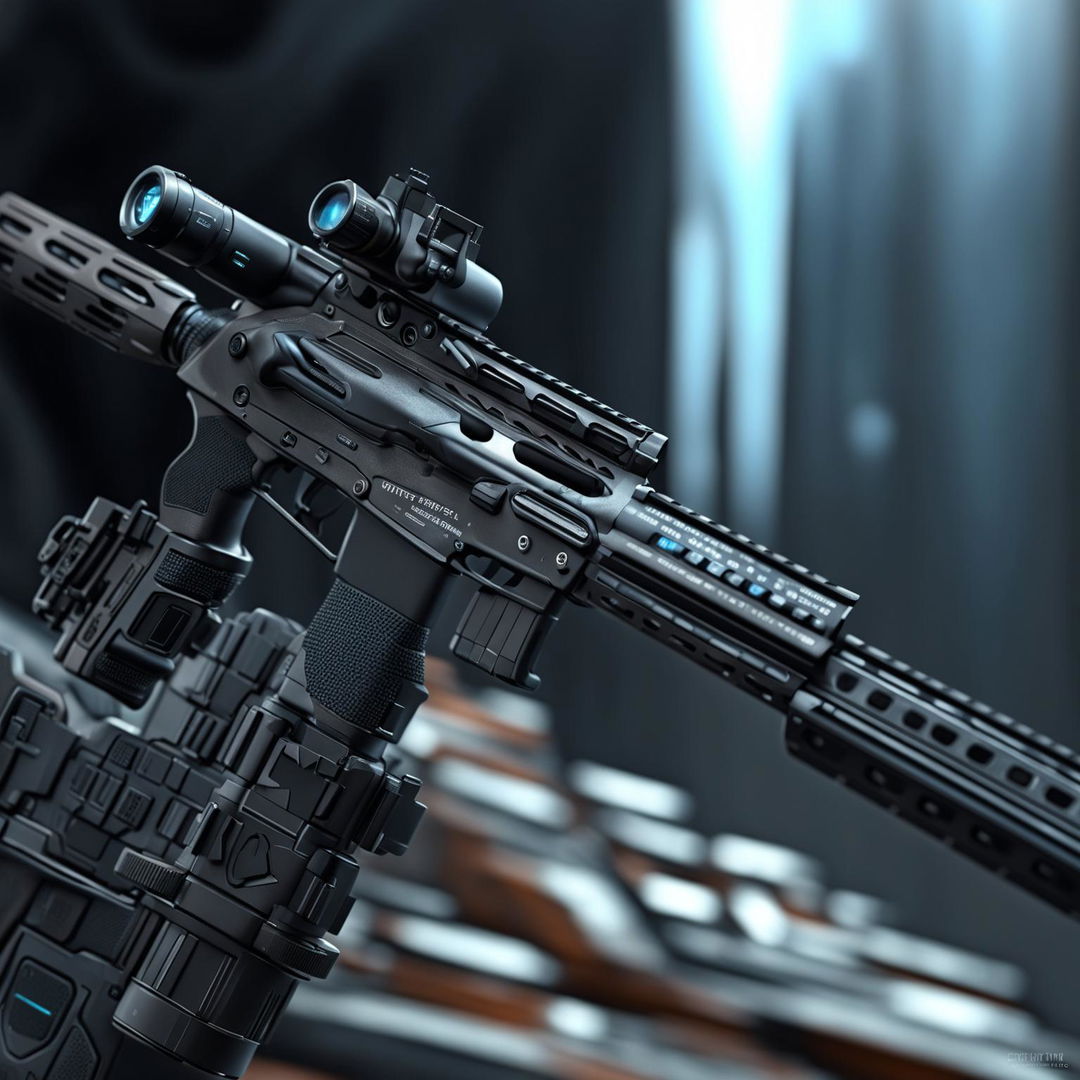 This is a digital art image of a futuristic standard US Army rifle from the year 2070