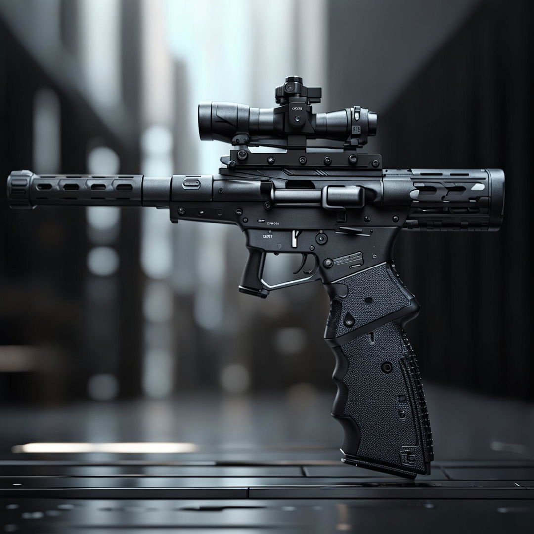 This is a photorealistic image of a plausible standard US Army rifle from the year 2070, without any sight