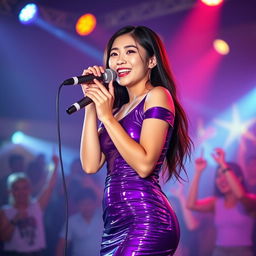 A cute, innocent, and sexy hourglass-shaped 25-year-old Asian girl standing at the front of a nightclub stage, wearing a short, tight, shiny purple latex dress that showcases her figure