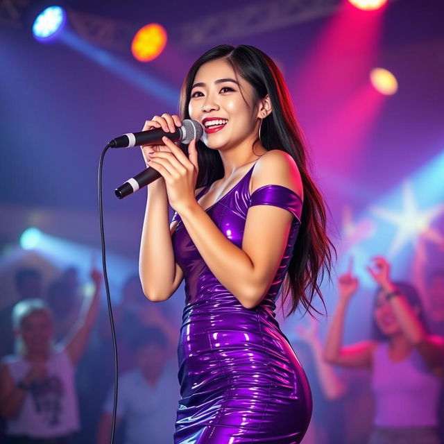 A cute, innocent, and sexy hourglass-shaped 25-year-old Asian girl standing at the front of a nightclub stage, wearing a short, tight, shiny purple latex dress that showcases her figure