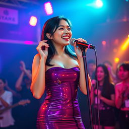 A cute, innocent, and sexy hourglass-shaped 25-year-old Asian girl with soft facial features, standing at the front of a nightclub stage