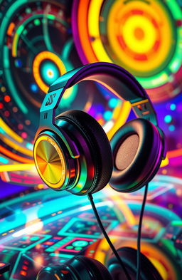 A pair of futuristic headphones with sleek design, incorporating advanced media technology elements, surrounded by vibrant audiovisual art