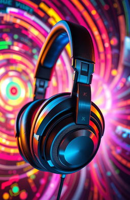 A pair of futuristic headphones with sleek design, incorporating advanced media technology elements, surrounded by vibrant audiovisual art