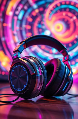 A pair of futuristic headphones with sleek design, incorporating advanced media technology elements, surrounded by vibrant audiovisual art