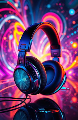 A pair of futuristic headphones with sleek design, incorporating advanced media technology elements, surrounded by vibrant audiovisual art