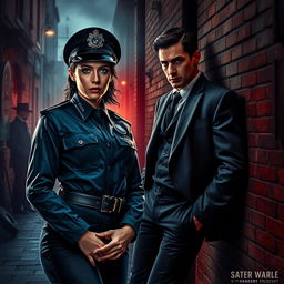 A dramatic scene set in the shadowy underbelly of modern-day England, featuring Dahlia Fel, a fierce Chief of Police with steely blue-grey eyes and a commanding presence