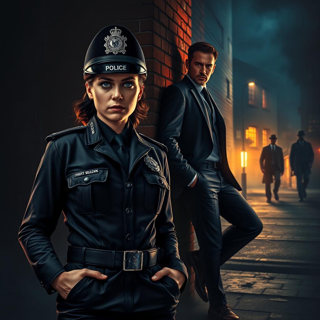 A dramatic scene set in the shadowy underbelly of modern-day England, featuring Dahlia Fel, a fierce Chief of Police with steely blue-grey eyes and a commanding presence