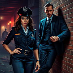 A dramatic scene set in the shadowy underbelly of modern-day England, featuring Dahlia Fel, a fierce Chief of Police with steely blue-grey eyes and a commanding presence