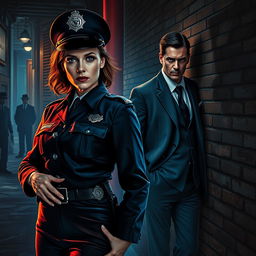 A dramatic scene set in the shadowy underbelly of modern-day England, featuring Dahlia Fel, a fierce Chief of Police with steely blue-grey eyes and a commanding presence