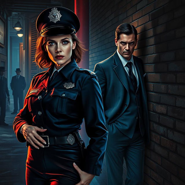 A dramatic scene set in the shadowy underbelly of modern-day England, featuring Dahlia Fel, a fierce Chief of Police with steely blue-grey eyes and a commanding presence