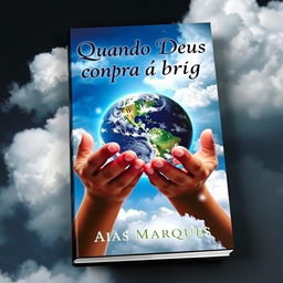 A stunning book cover featuring two hands delicately holding the Planet Earth, surrounded by soft, fluffy clouds to enhance the ethereal appearance