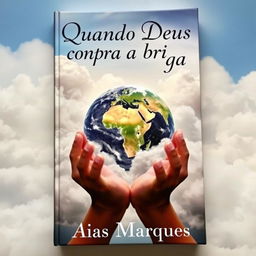 A stunning book cover featuring two hands delicately holding the Planet Earth, surrounded by soft, fluffy clouds to enhance the ethereal appearance